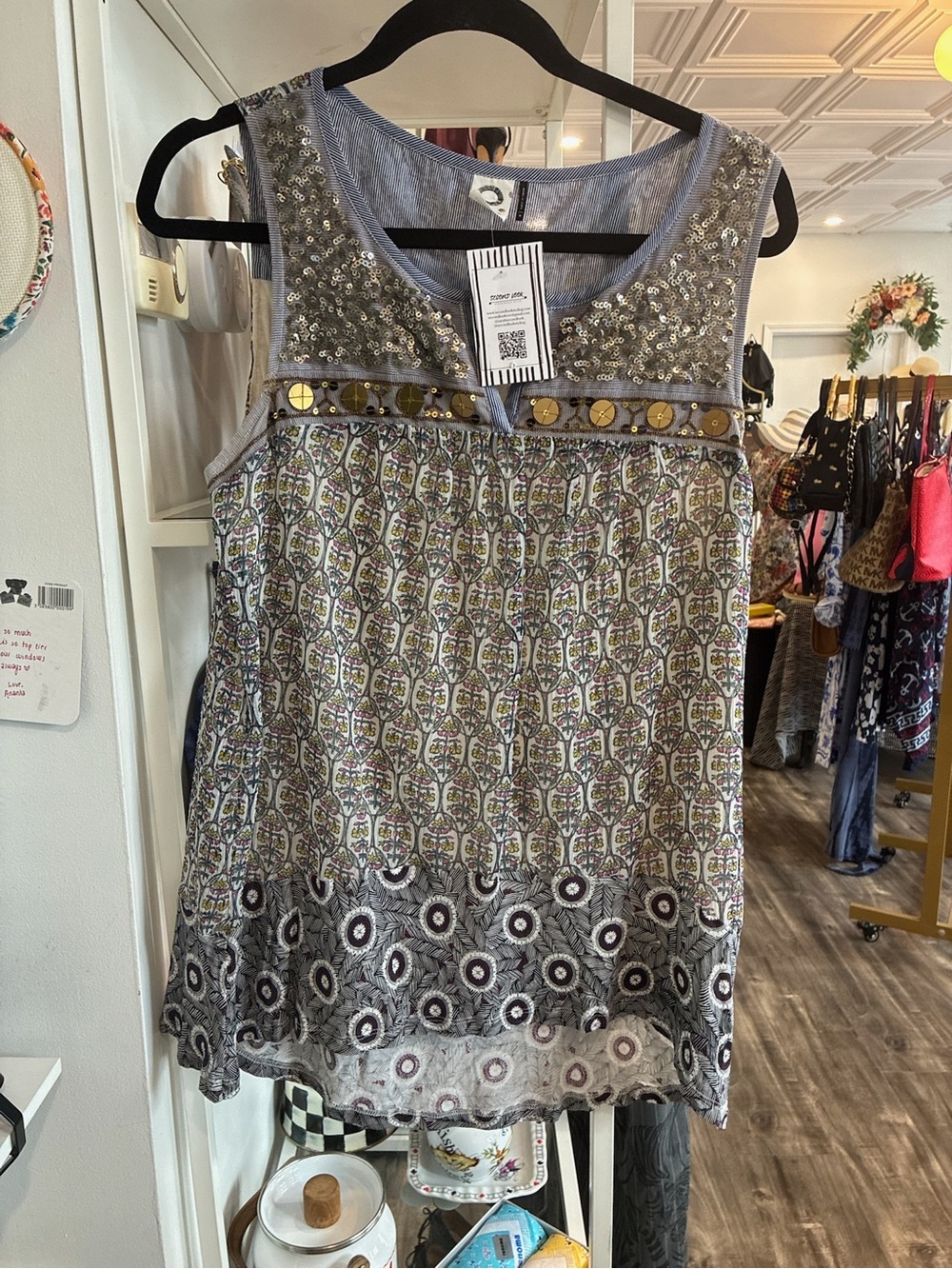 Akemi + Kin Sequin Yoke Printed Sleeveless Tank Top - Blue